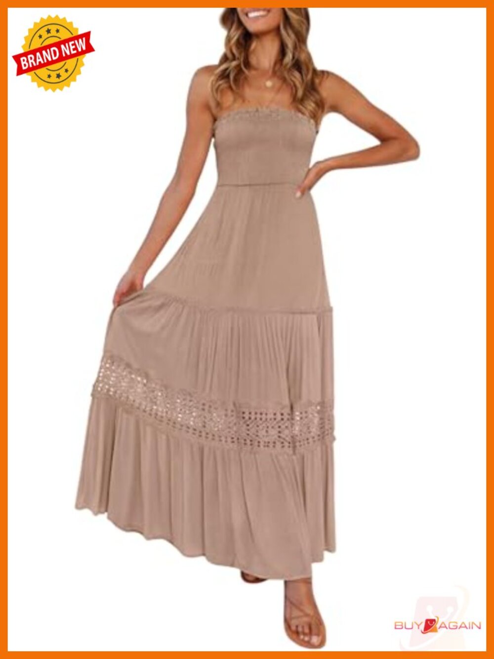 Women's Strapless Boho Maxi Dress Rayon Backless Crochet Trim Beach